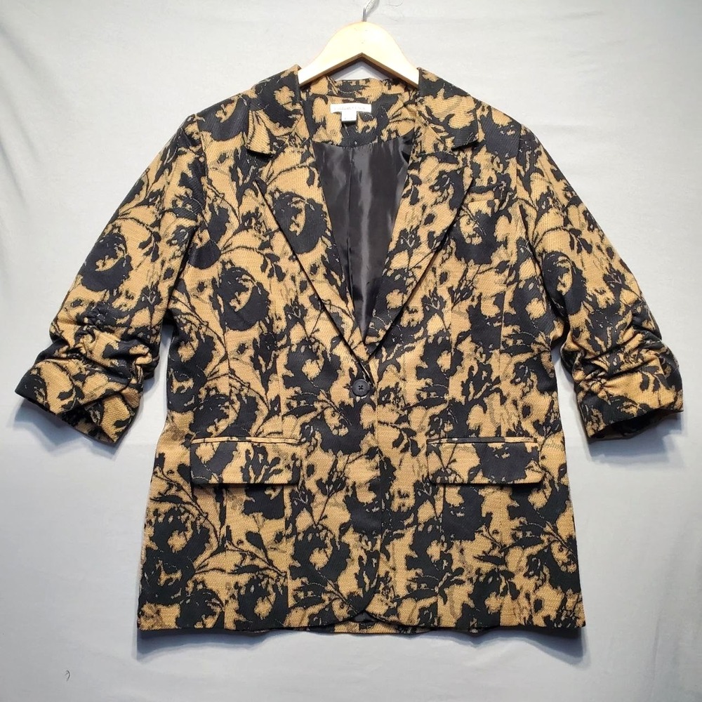 Coldwater Creek Blazer Womens L 14-16 Black Tan Floral Jacquard Jacket Y2K Artsy